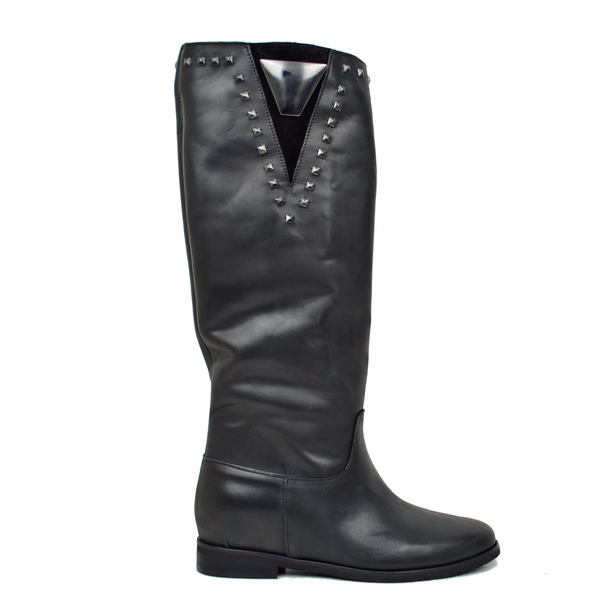 Boots with Internal Wedge and Studs High Shaft Genuine Leather Made in Italy