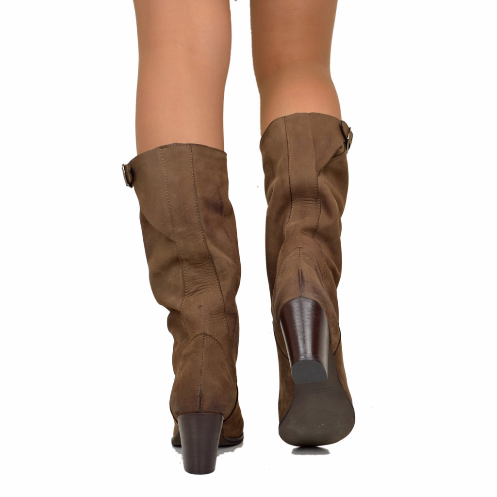Medium Heel Women's Boots in Genuine Dark Brown Nubuck Leather - 5