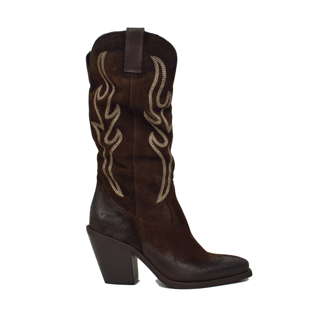 Texan High Boots in Suede Soft Brown Upper Heel 8 cm - 3