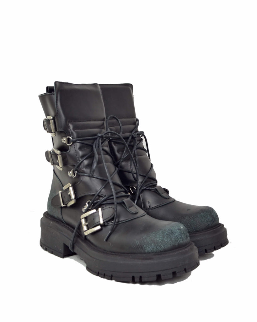 Anfibi Rock Grunge Platform 4 Fibbie Vera Pelle Nera Total Black Effetto Used - 2