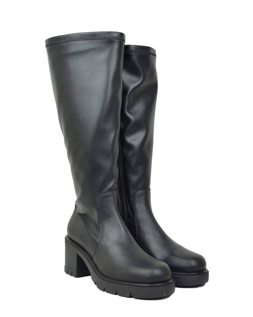 Damen Stiefel Schwarz Hoch Echtleder mit Blockabsatz Weitschaft XL Elastisch Made in Italy - 2