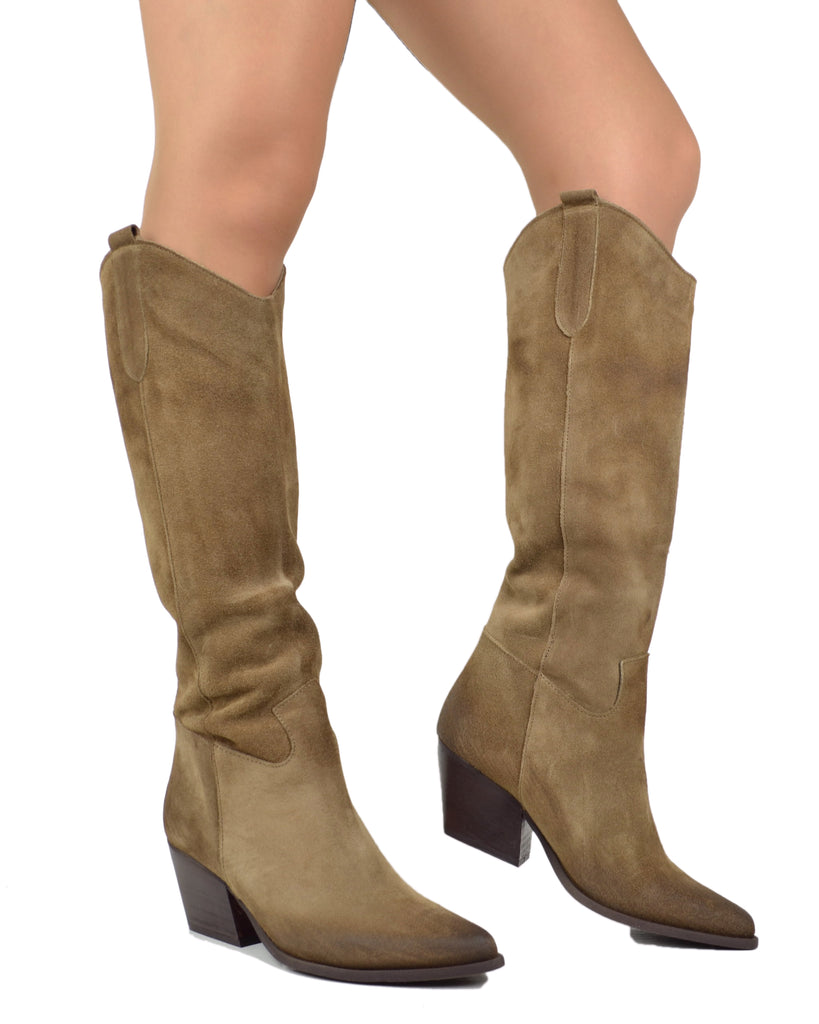 Damen Western Stiefel aus Wildleder Taupe – Made in Italy - 5