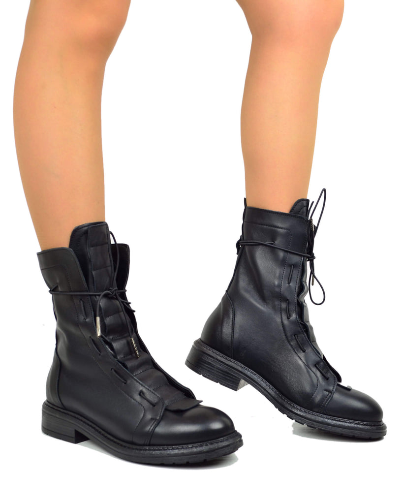 Anfibi Stringati con Laccio Elasticizzato Fondo Gomma Vera Pelle - 4