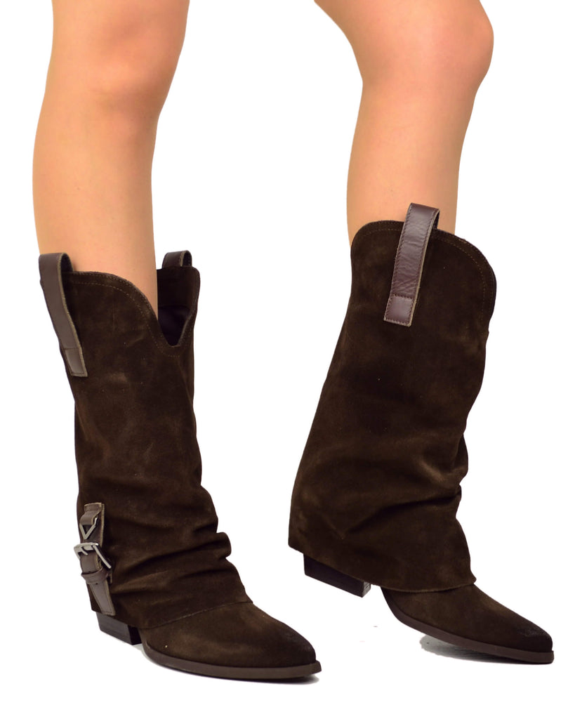 Stivali Texani Donna in Pelle Scamosciata Testa di Moro con Ghetta e Fibbia - 4