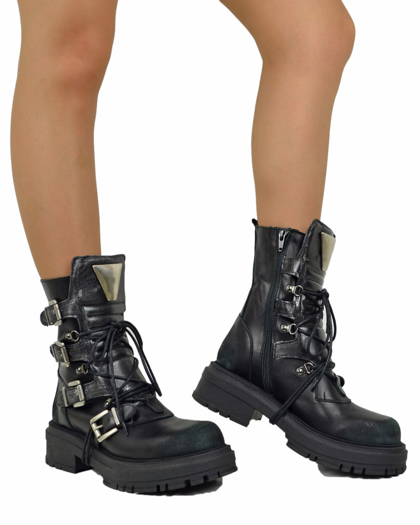 Rock Grunge Platform Boots with 4 Buckles in Genuine Black Metallic Leather - 6