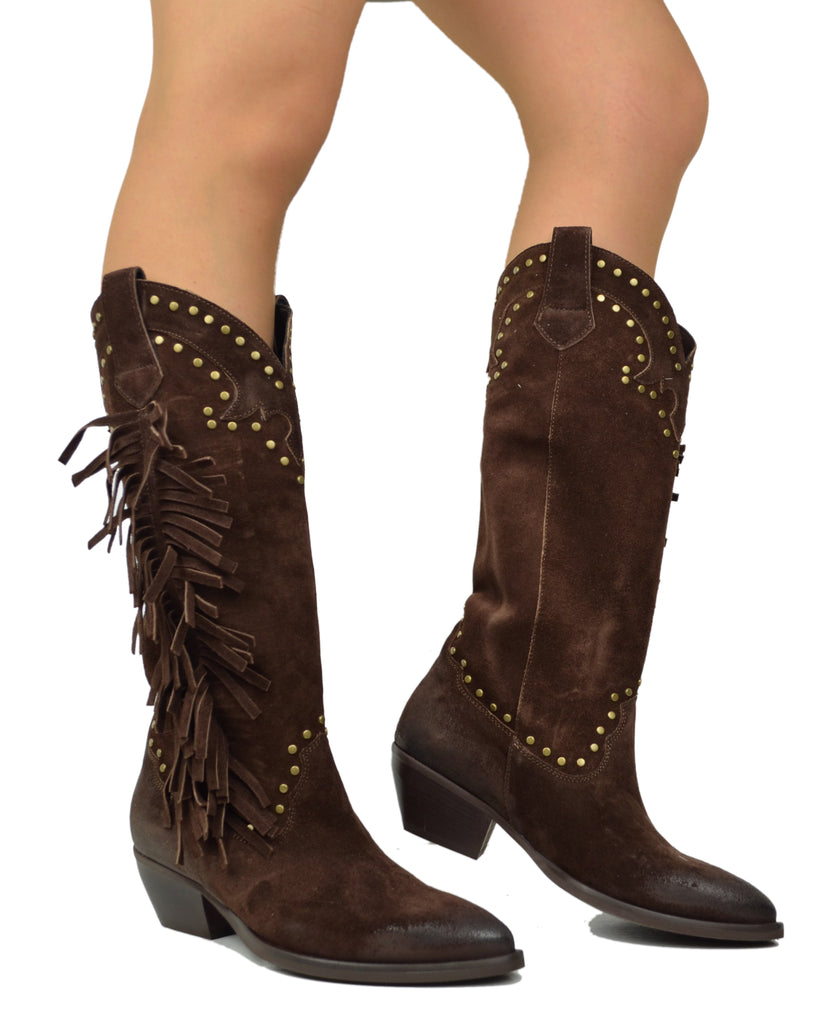 Brown Suede Fringed Cowboy Boots – Handmade in Italy - 5