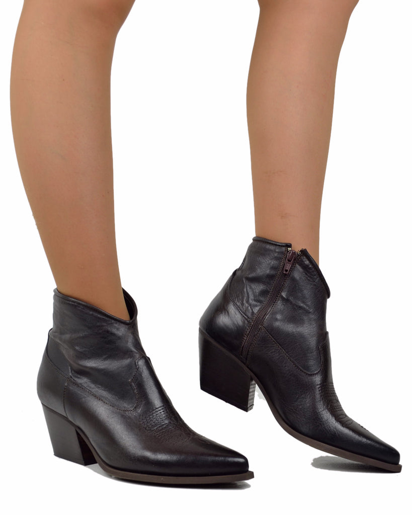 Damenstiefeletten aus dunkelbraunem Leder im Texan-Stil, Made in Italy, Nähte - 4