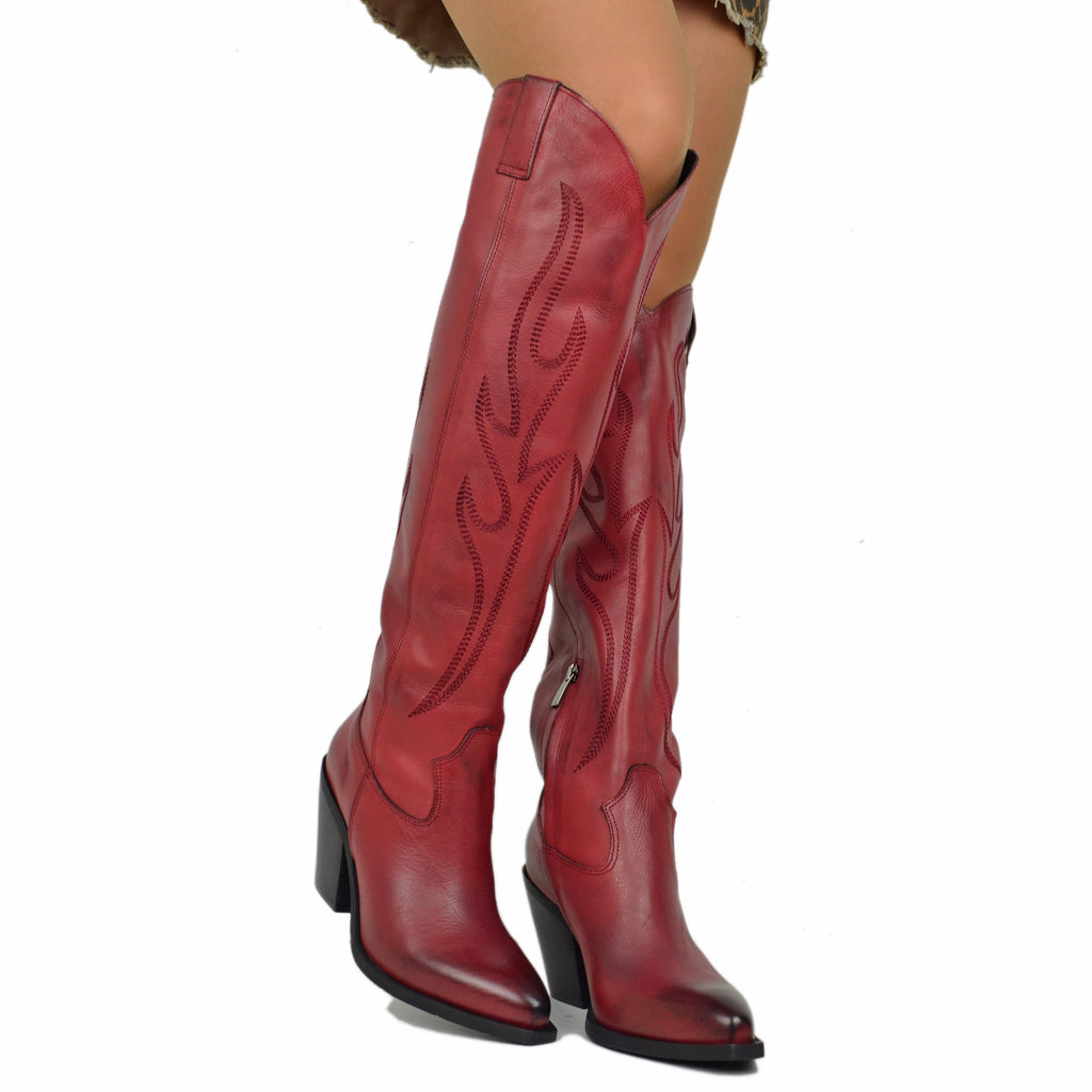 Knee High Texan Boots 9cm High Heel Genuine Leather Red - 5