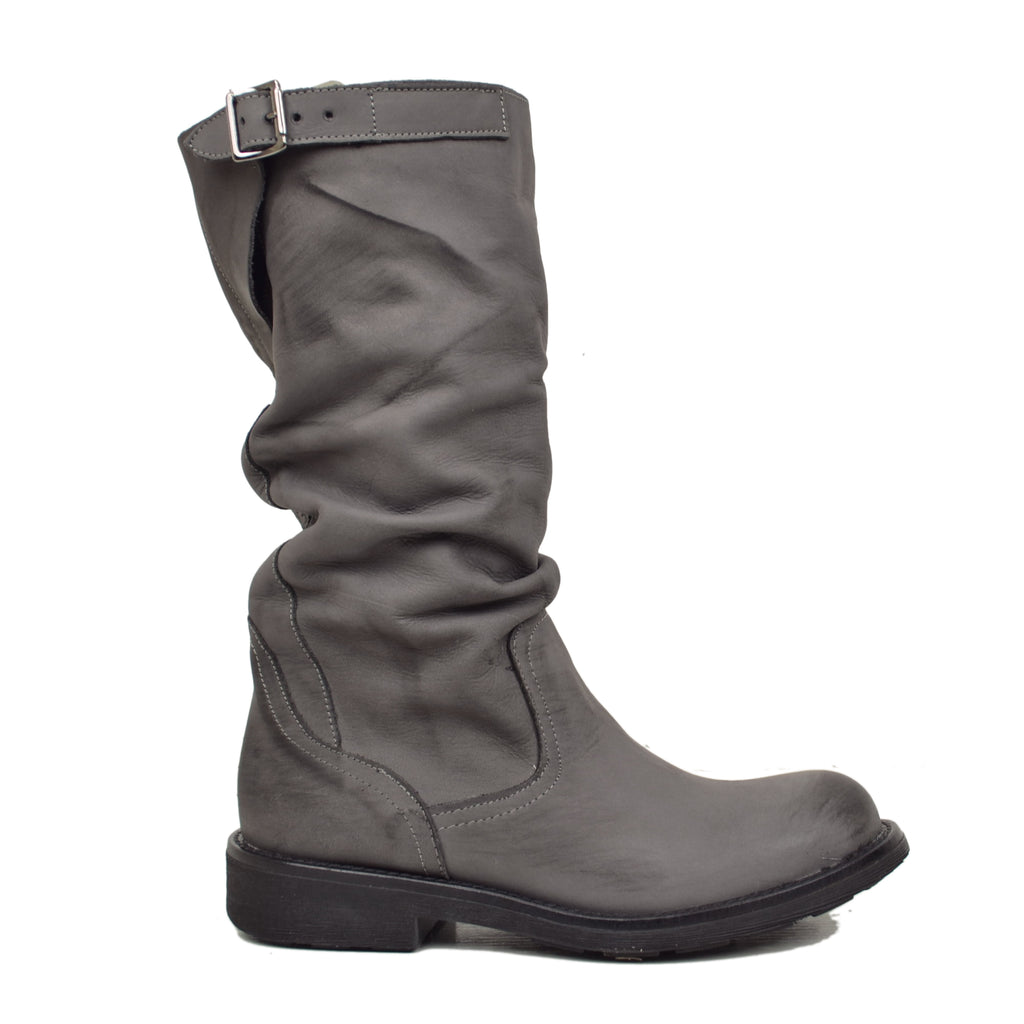 Mid Calf Biker Boots in Gray Vintage Leather - 2