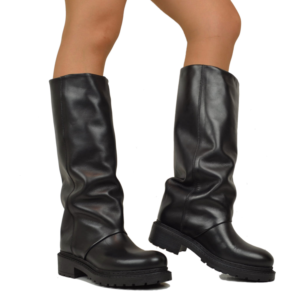 Black High Biker Boots with Genuine Leather Gaiter and Rubber Sole - 4