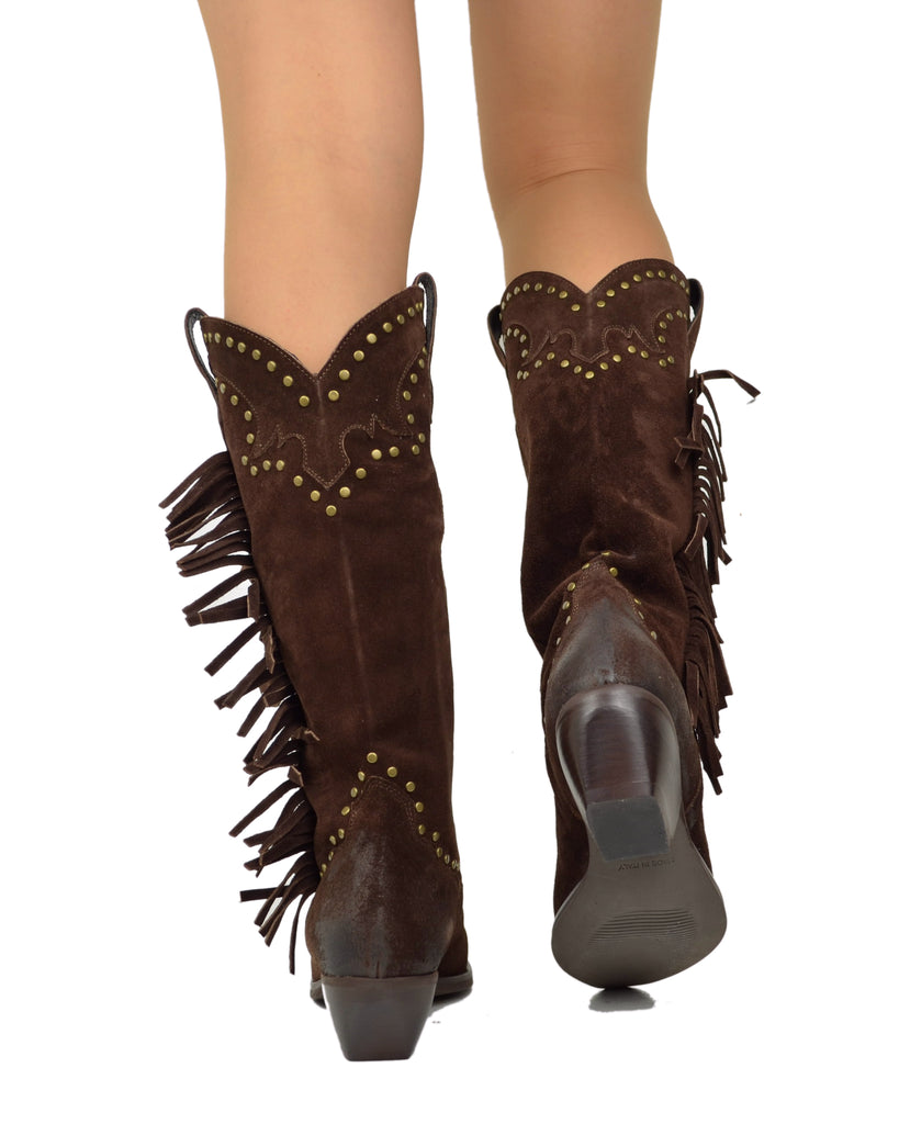 Brown Suede Fringed Cowboy Boots – Handmade in Italy - 3