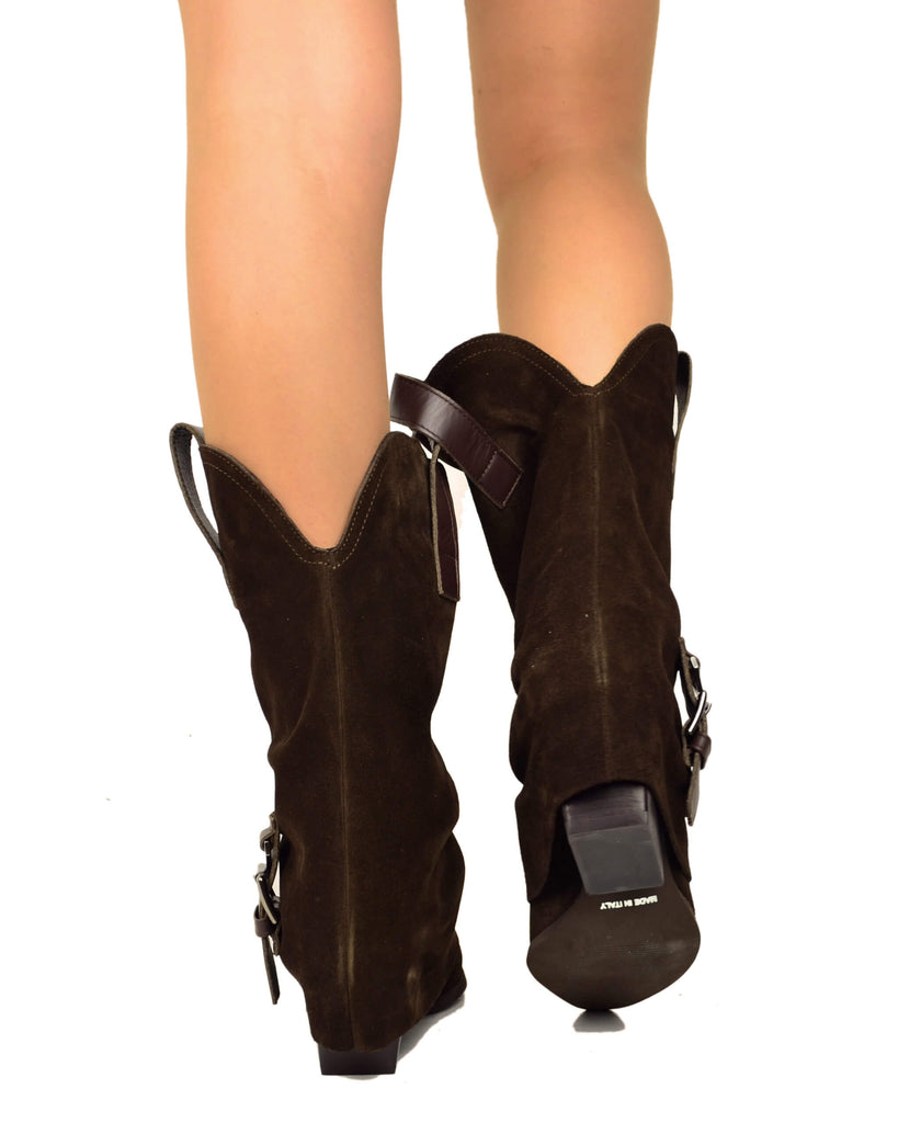 Stivali Texani Donna in Pelle Scamosciata Testa di Moro con Ghetta e Fibbia - 5