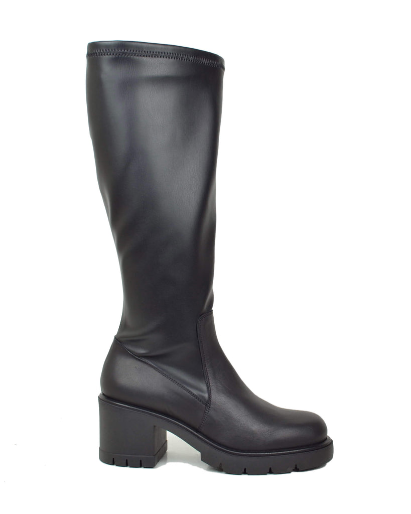 Damen Stiefel Schwarz Hoch Echtleder mit Blockabsatz Weitschaft XL Elastisch Made in Italy - 6
