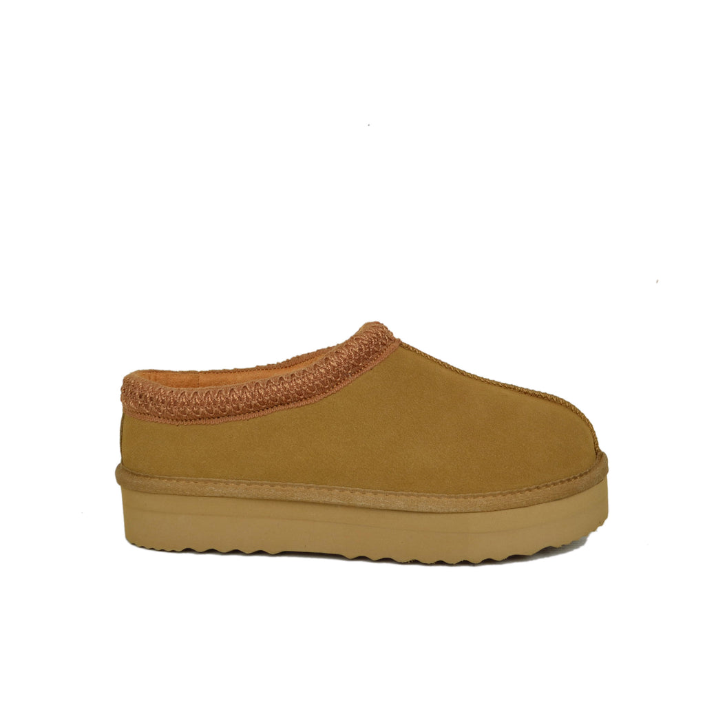 Ciabattone con Pelo in Vera Lana e Pelle Scamosciata Camel Platform - 2