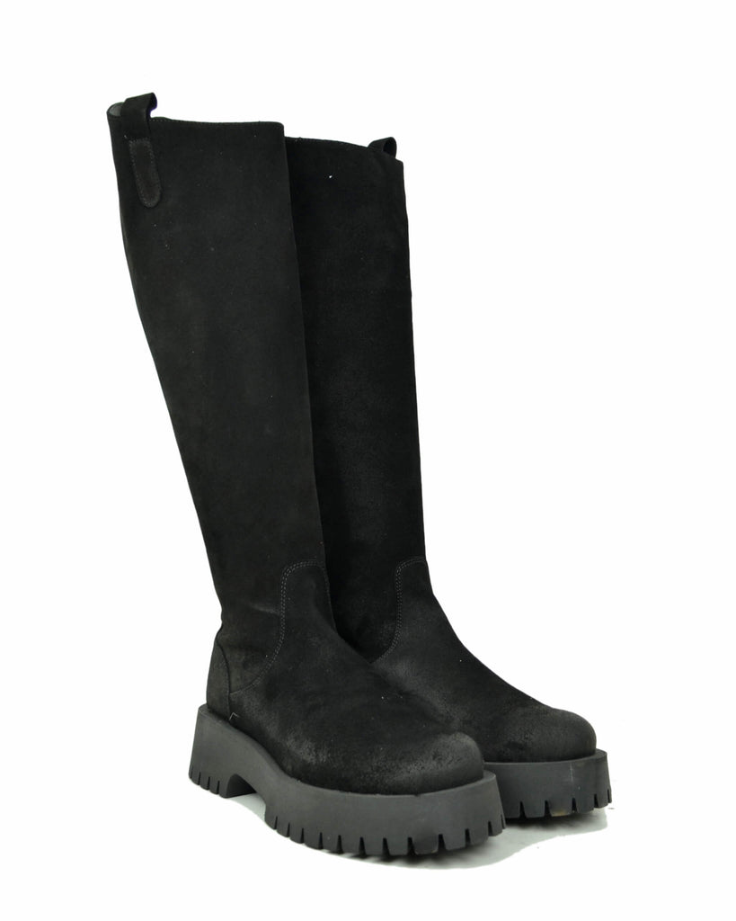 Stivali Biker Fondo Alto Platform Pelle Scamosciate Zip Retro Nero Gambale Largo - 6