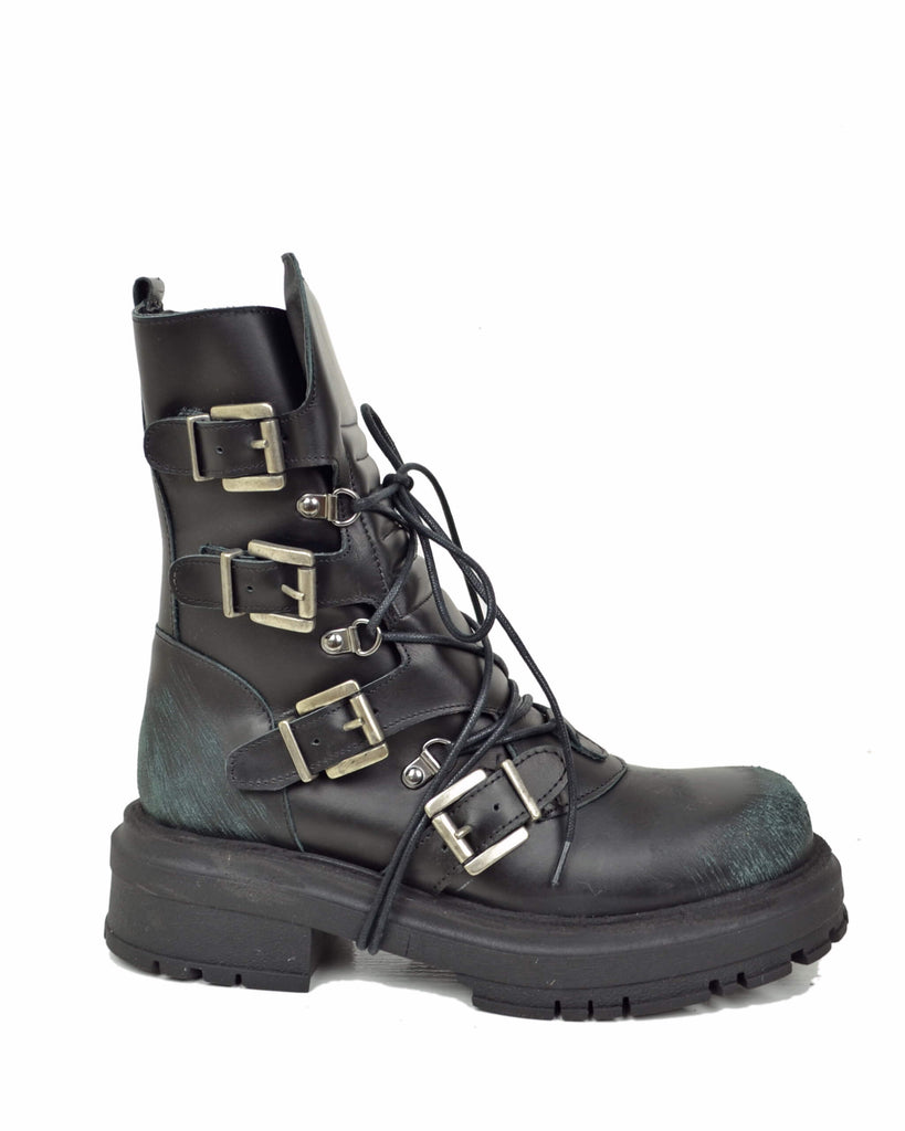 Anfibi Rock Grunge Platform 4 Fibbie Vera Pelle Nera Total Black Effetto Used - 3