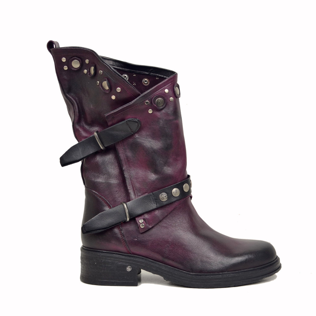 Bordeaux Women's Biker Boots in Leather with Studs and Zip - 3