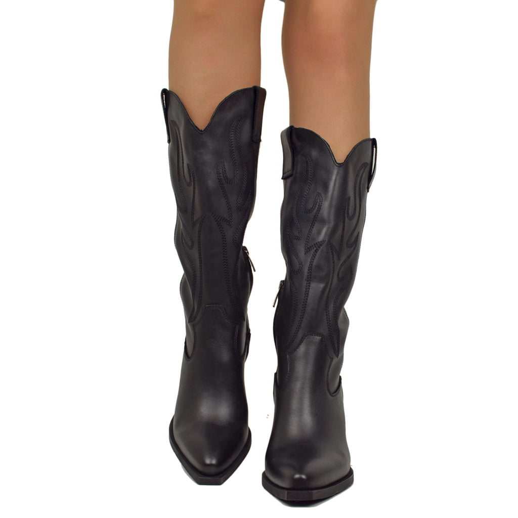 Texan High Boots in Total Black Leather Soft Upper Heel 8 cm - 3