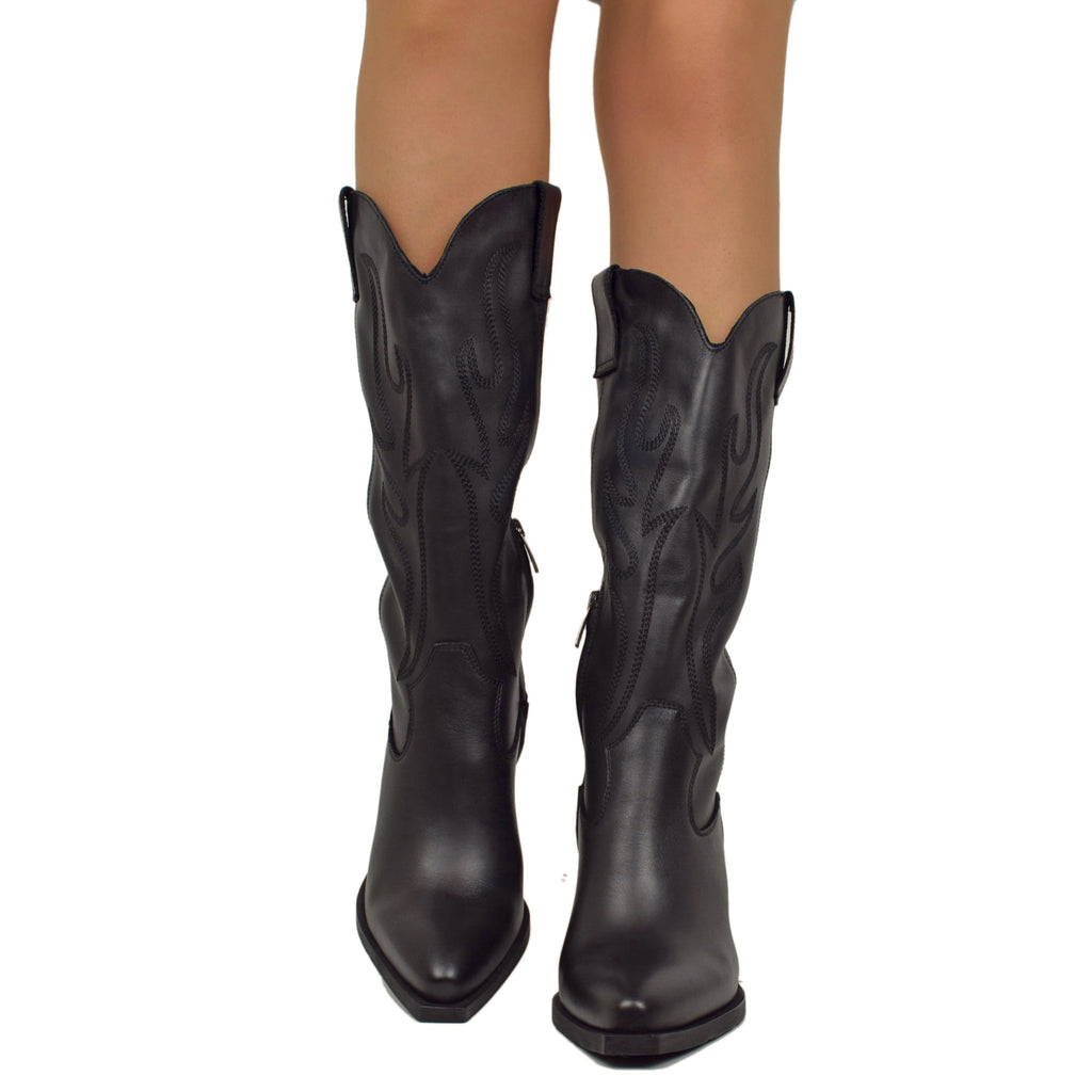 Hohe texanische Stiefel aus schwarzem Leder, weicher Schaft, Absatz 8 cm - 3