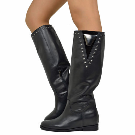 Boots with Internal Wedge and Studs High Shaft Genuine Leather Made in Italy