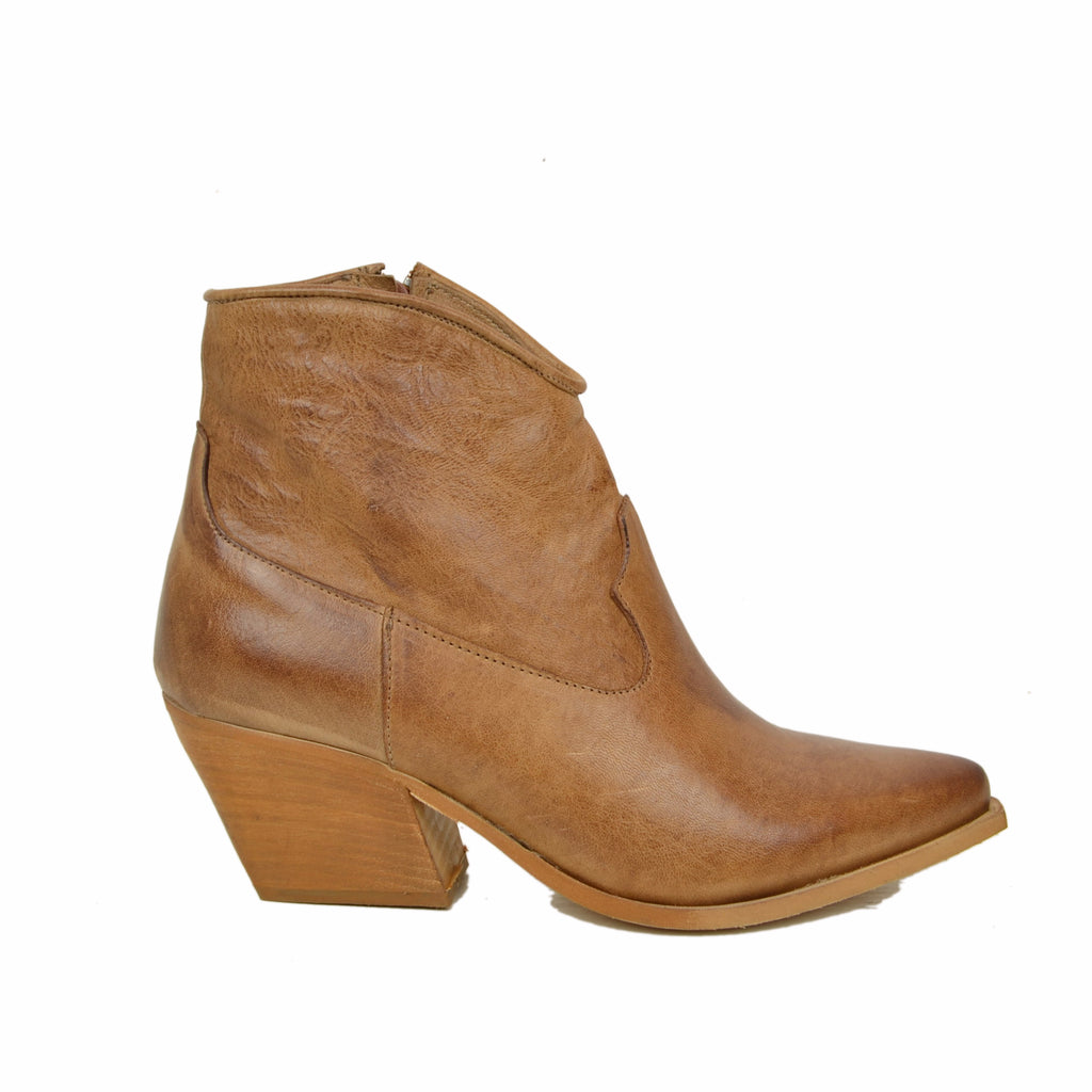 Women's Texan Ankle Boots in Tan Leather with Zip Made in Italy - 2