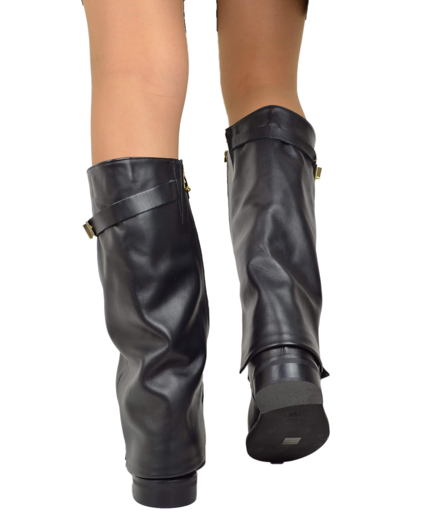 Black Leather Boots with Hidden Wedge – Wide Calf & Gold Detail - 3