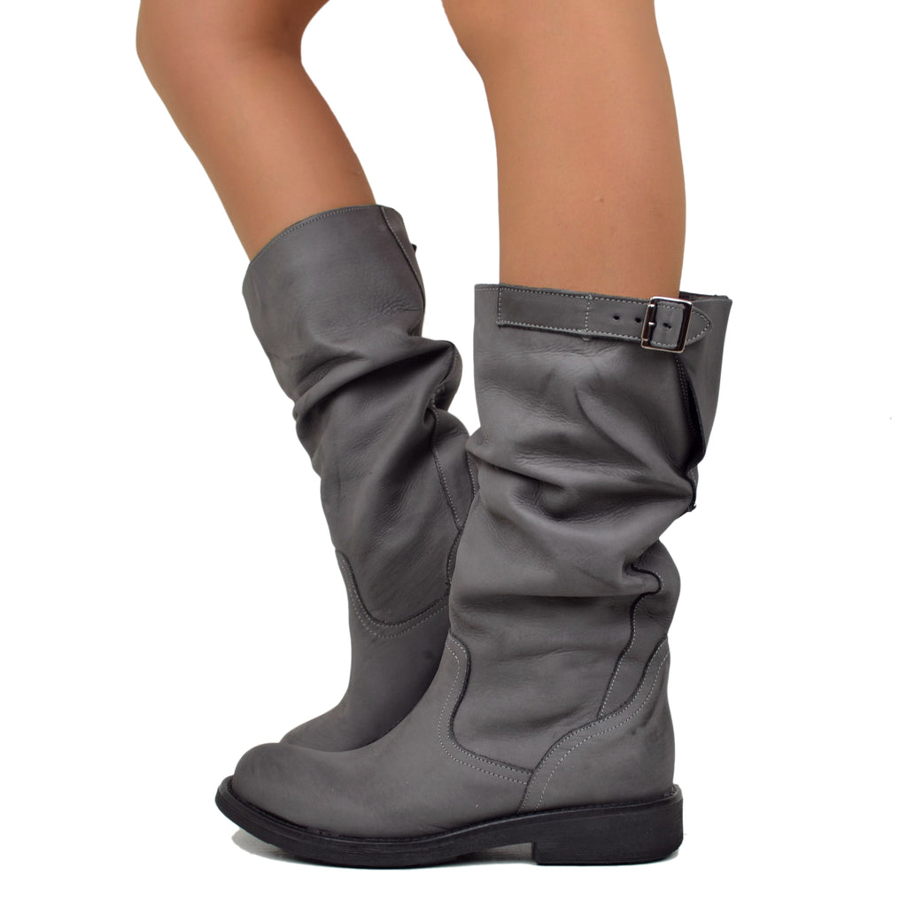 Mid Calf Biker Boots in Gray Vintage Leather
