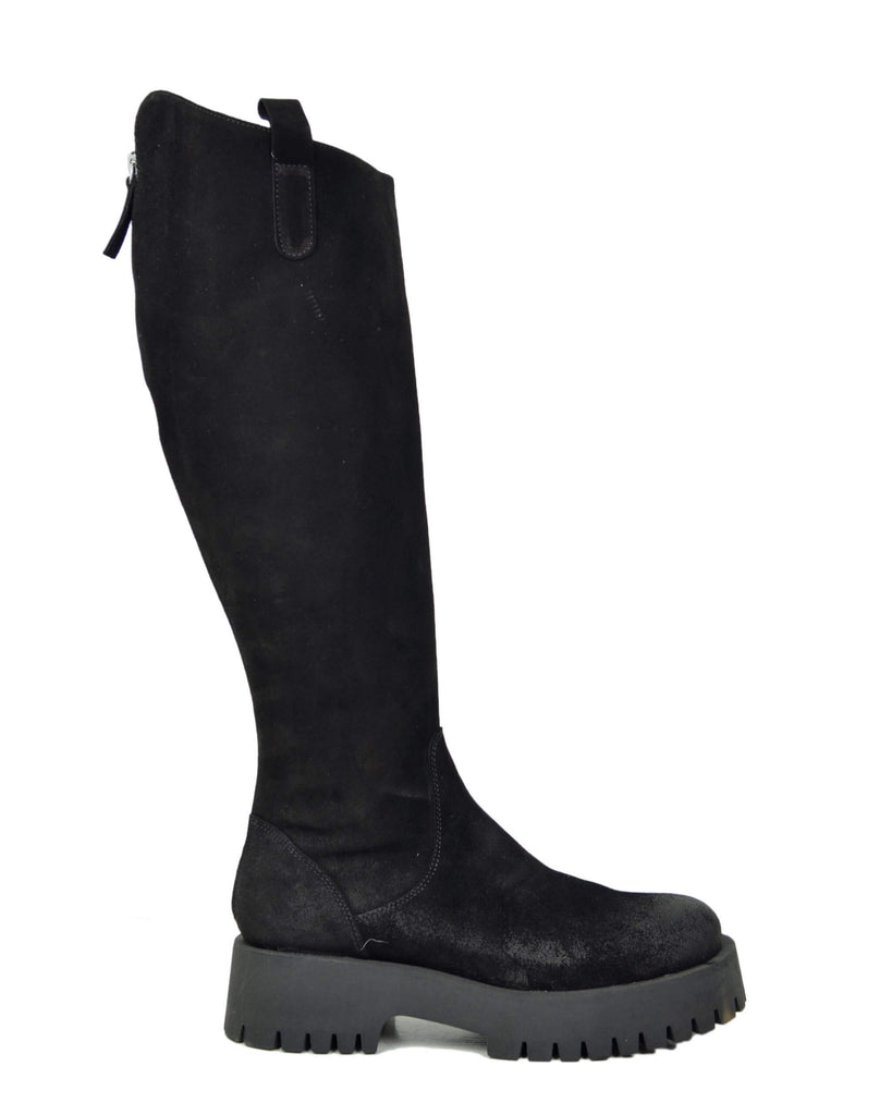 Stivali Biker Fondo Alto Platform Pelle Scamosciate Zip Retro Nero Gambale Largo - 2