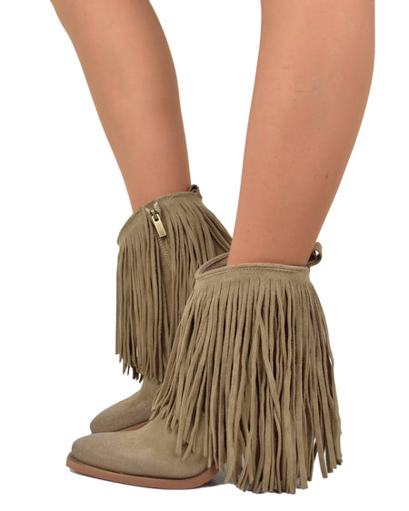 Stivaletti Texani alla Caviglia con Frange Tacco Alto Pelle Scamosciata Taupe