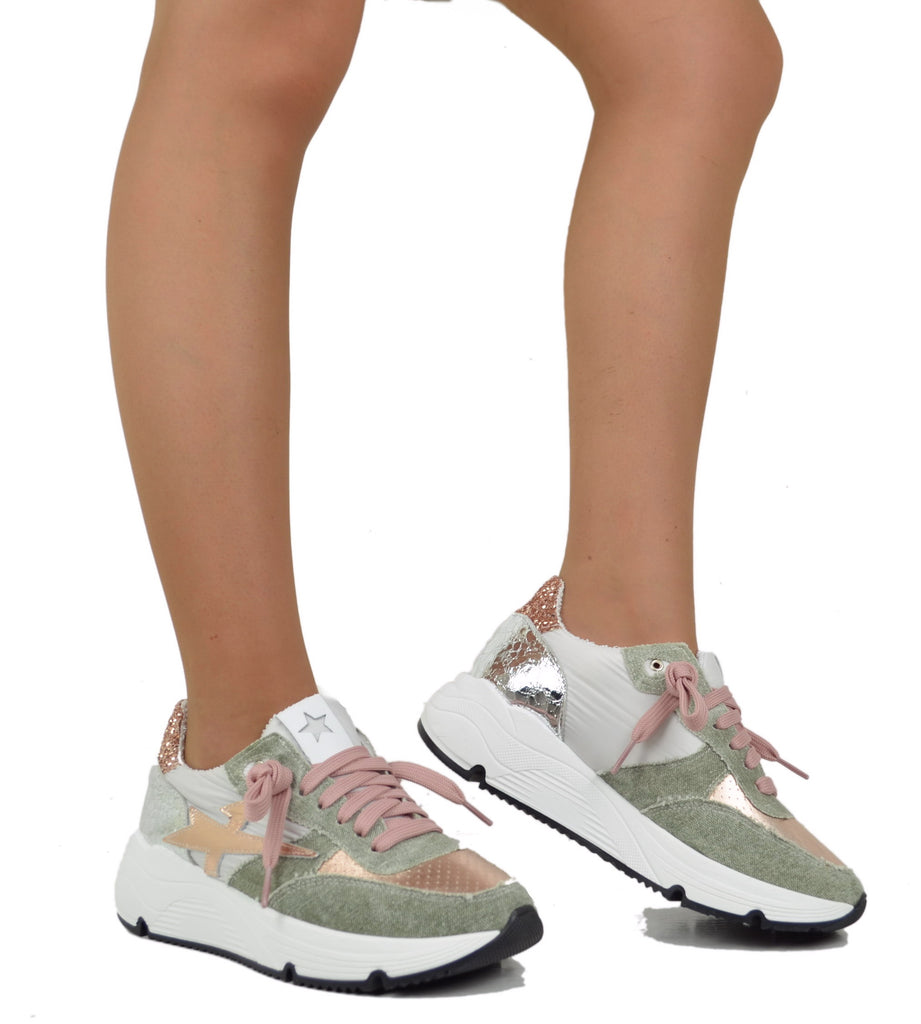 Sneakers DIVINE FOLLIE in Denim Primavera Estate Verde Rosa Glitterate - 4