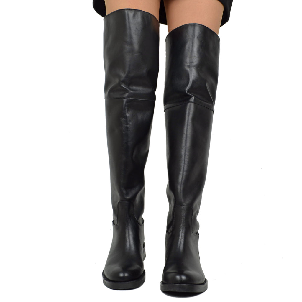 Stivali Alti Al Ginocchio Cavallerizza Eleganti Overknee Boots Pelle Nera - 4