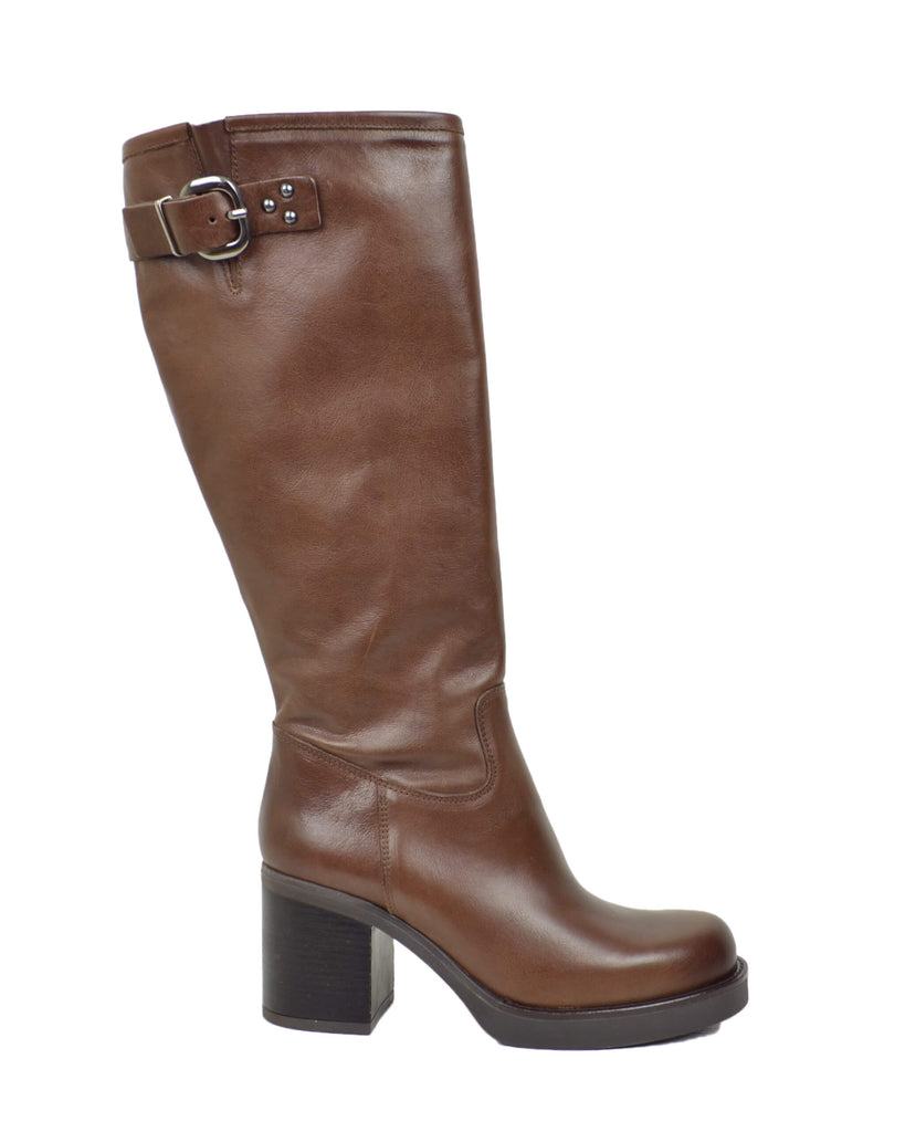 Damen Stiefel Hoch Braun Leder mit Blockabsatz Plateau und Schnalle – Made in Italy - 6
