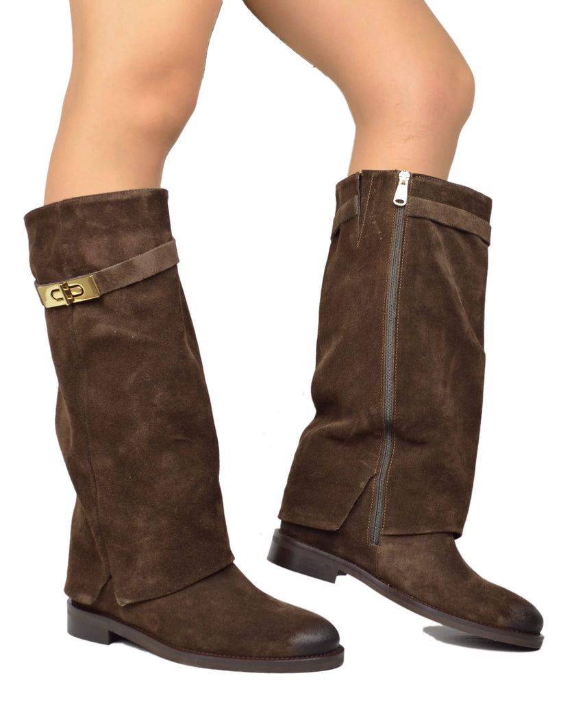 Stivali Zeppa Interna Gambale Largo Pelle Scamosciata Testa di Moro - 5