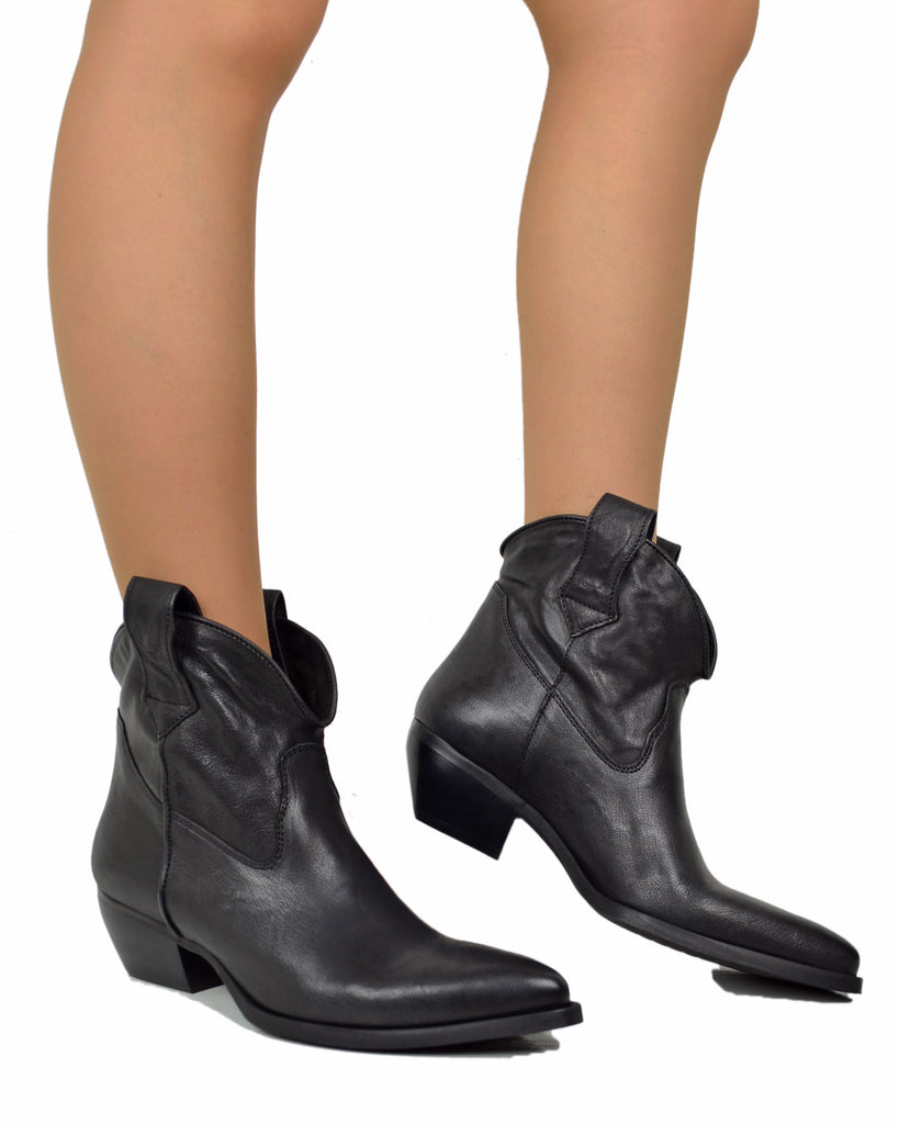Stivaletti Texanini in Vera Pelle Nero Effetto Stropicciato Tacco 5 cm Made in Italy - 4