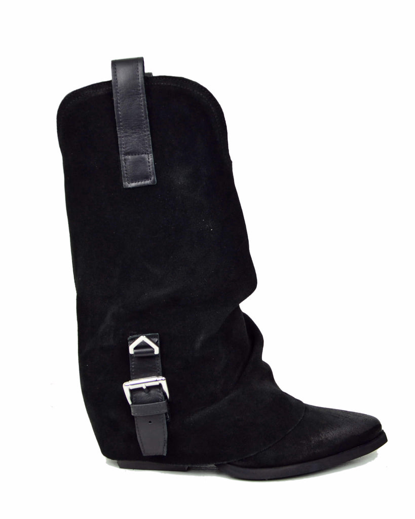 Stivali Texani Donna in Pelle Scamosciata Neri con Ghetta e Fibbia - 2