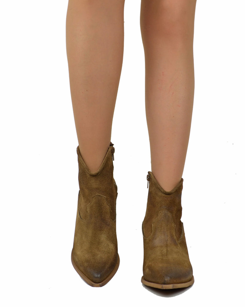Bottines Western à la Cheville Femme en Cuir Suédé Taupe - 4