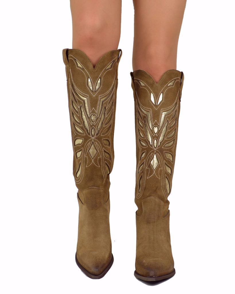 Cowboystiefel aus Echtem Veloursleder mit Goldenen Schmetterlings-Ausschnitten, 7 cm Absatz - 6