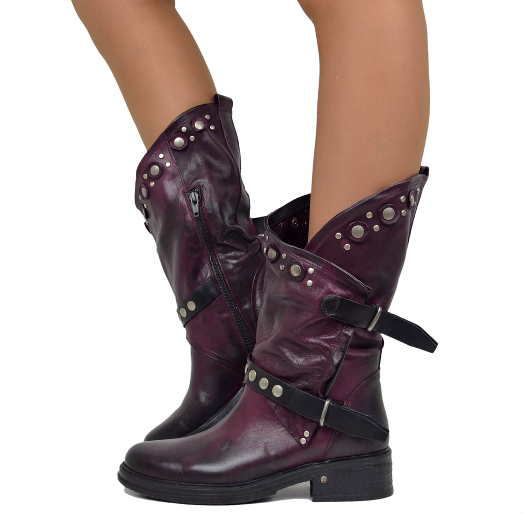 Bordeaux Women's Biker Boots in Leather with Studs and Zip