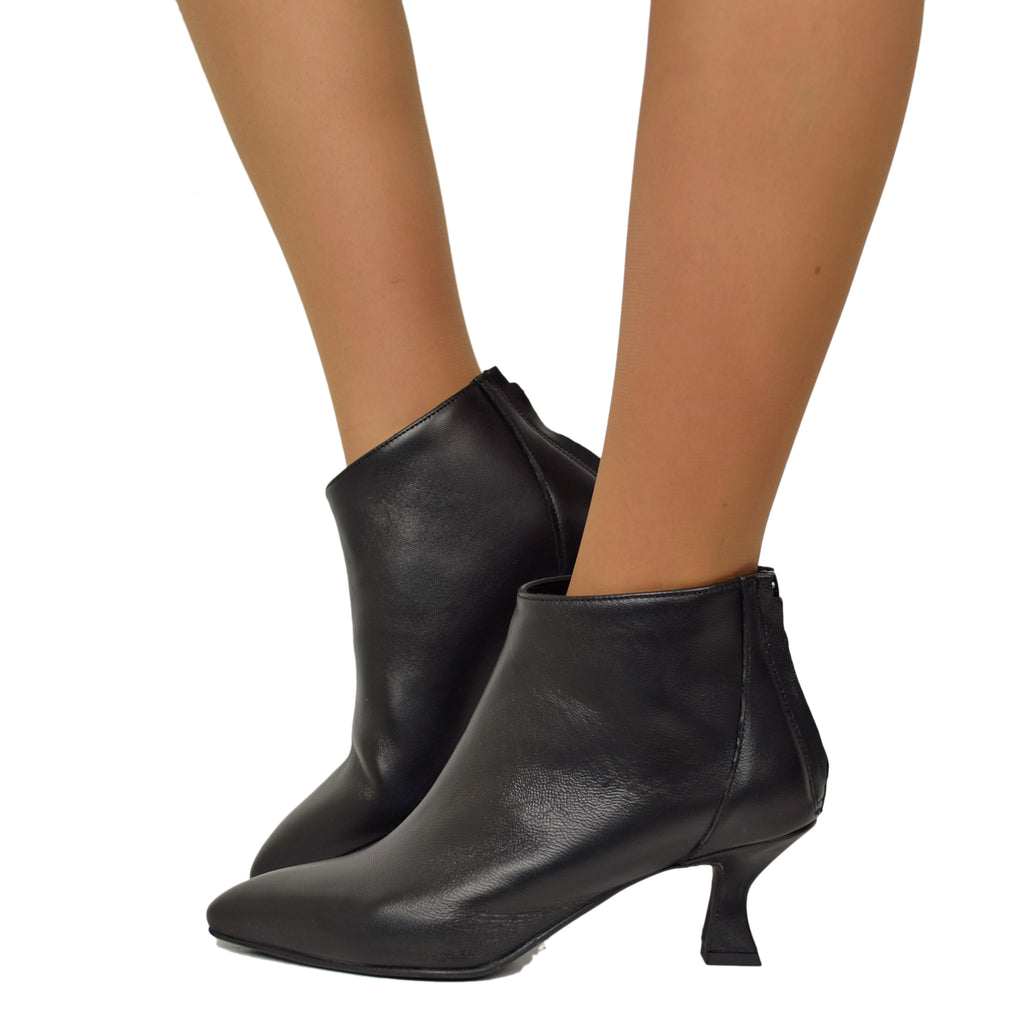 Elegant Ankle Boots with Spool Heel in Black Leather