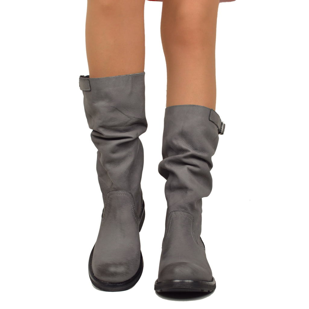 Mid Calf Biker Boots in Gray Vintage Leather - 3