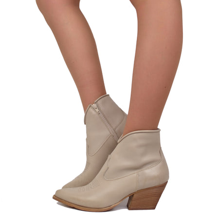 Women's Summer Texan Ankle Boots Unlined in Genuine Taupe Leather Made in Italy