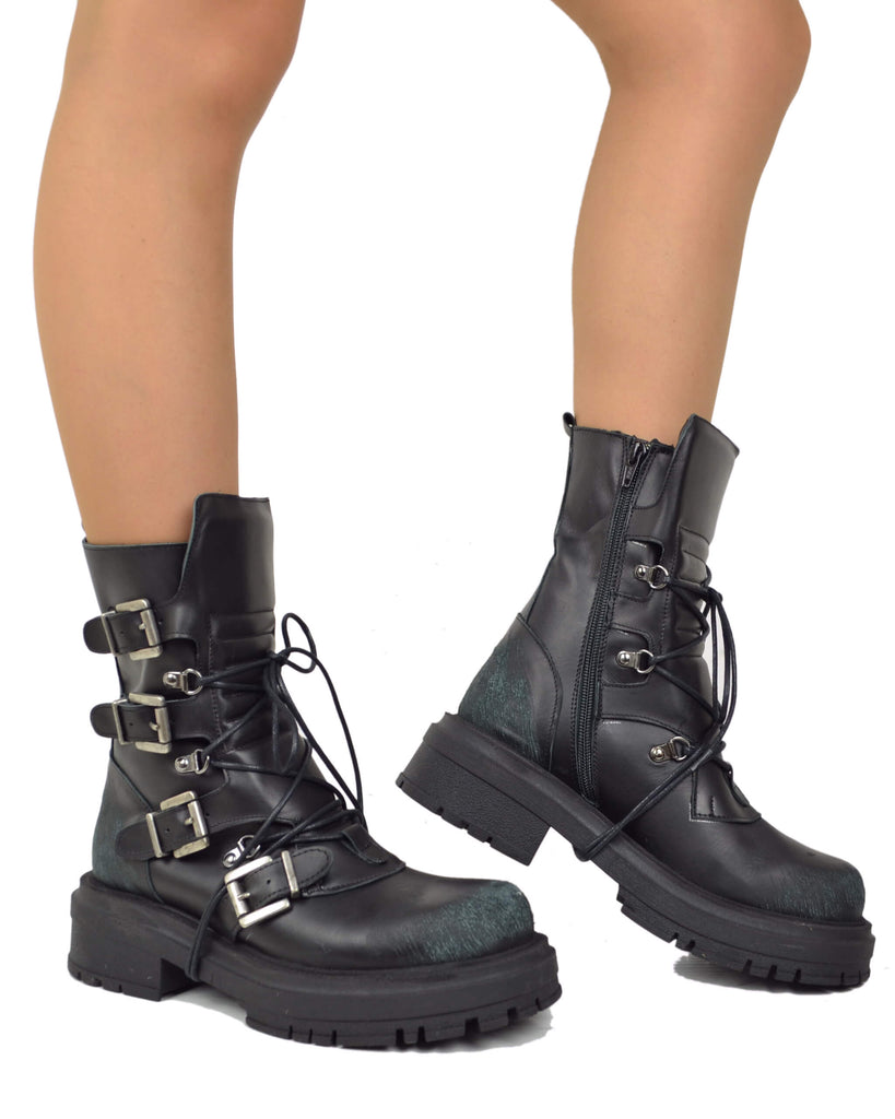 Anfibi Rock Grunge Platform 4 Fibbie Vera Pelle Nera Total Black Effetto Used - 5