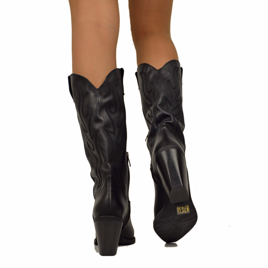 Texan High Boots in Total Black Leather Soft Upper Heel 8 cm - 5