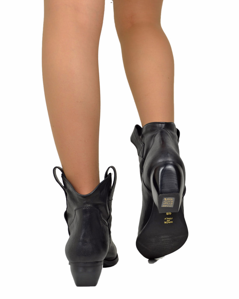 Stivaletti Texanini in Vera Pelle Nero Effetto Stropicciato Tacco 5 cm Made in Italy - 2