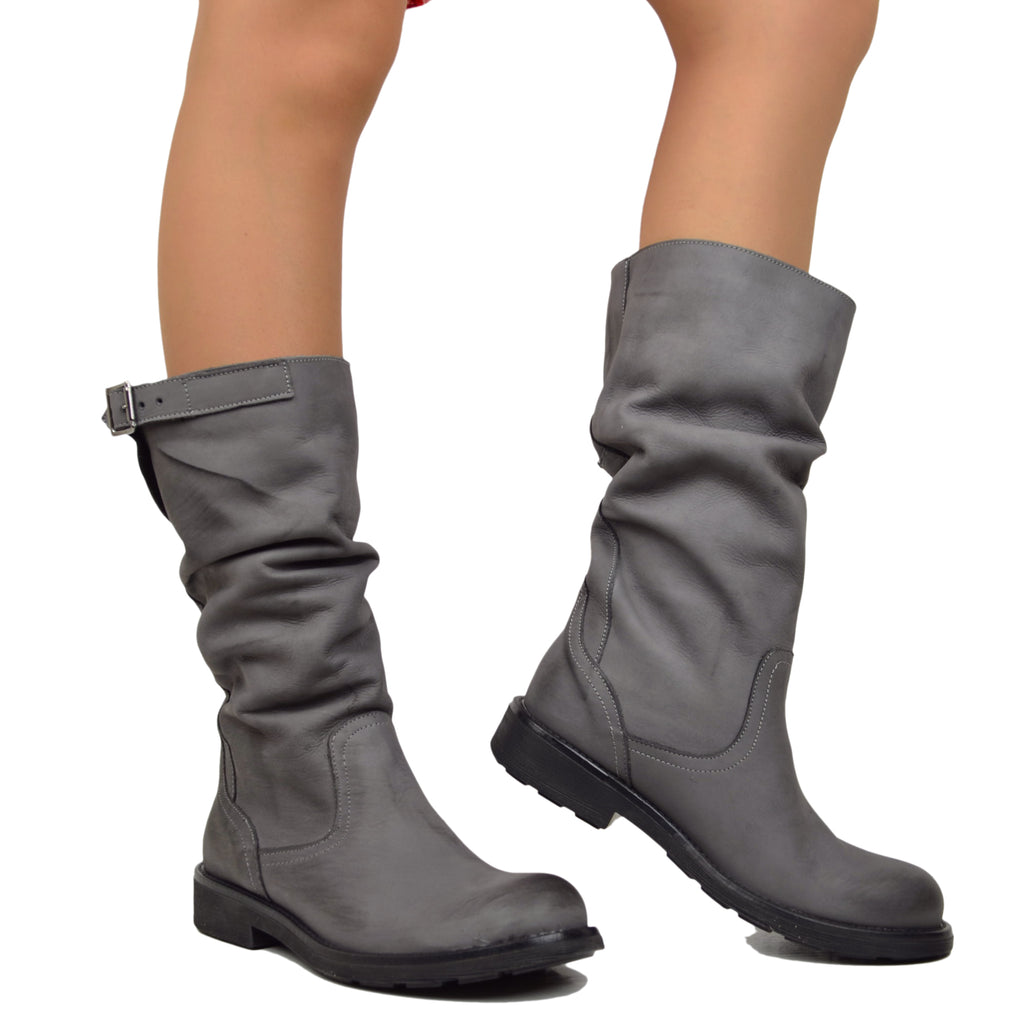 Mid Calf Biker Boots in Gray Vintage Leather - 5