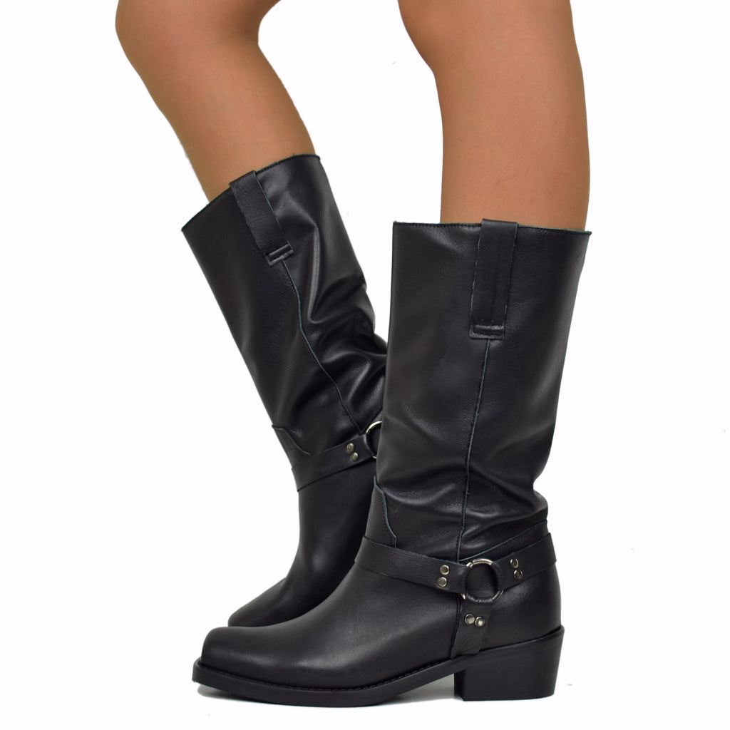 Women's Texan Boots in Black Leather Square Toe with Buckle