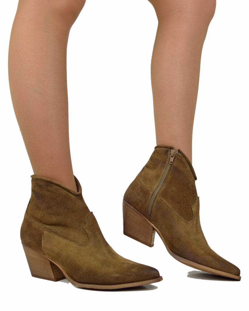 Bottines Western à la Cheville Femme en Cuir Suédé Taupe - 3