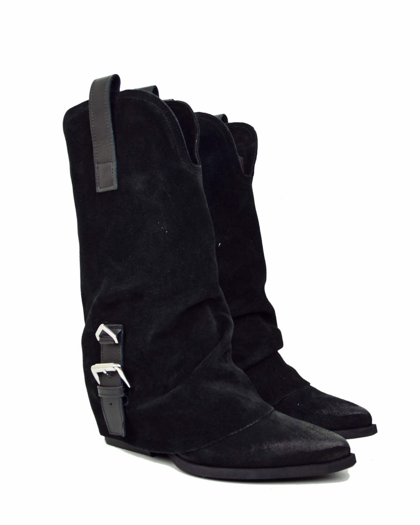 Stivali Texani Donna in Pelle Scamosciata Neri con Ghetta e Fibbia - 5