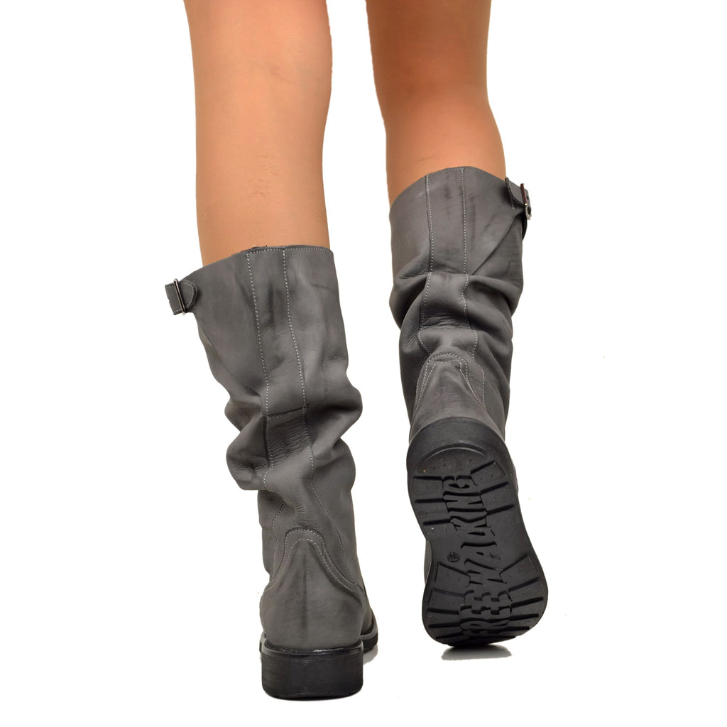 Mid Calf Biker Boots in Gray Vintage Leather - 6