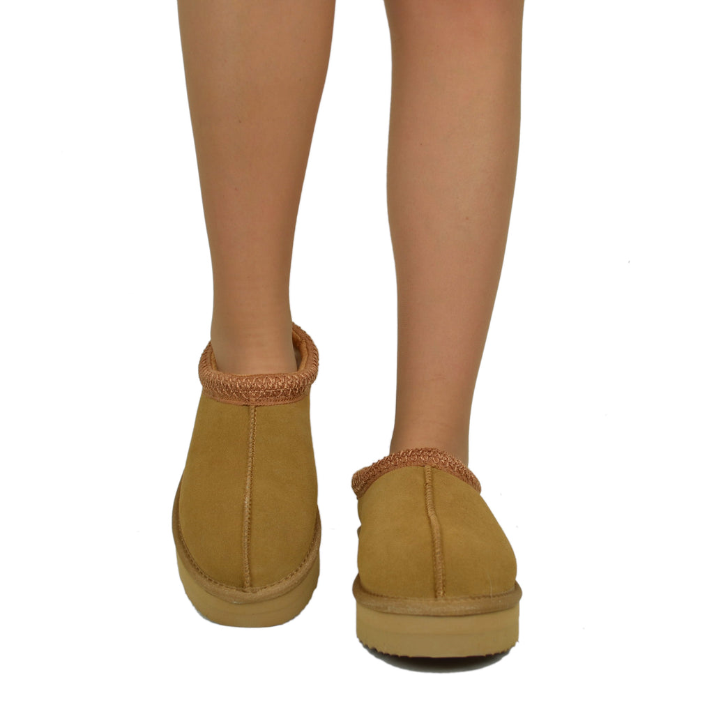 Ciabattone con Pelo in Vera Lana e Pelle Scamosciata Camel Platform - 4